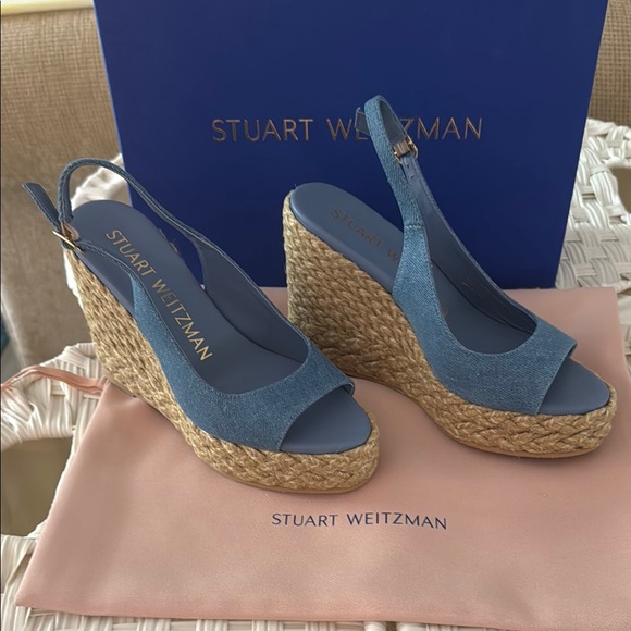 Stuart Weitzman Blue Wedge Sandals Peep-Toe Espadrille - Picture 1 of 3